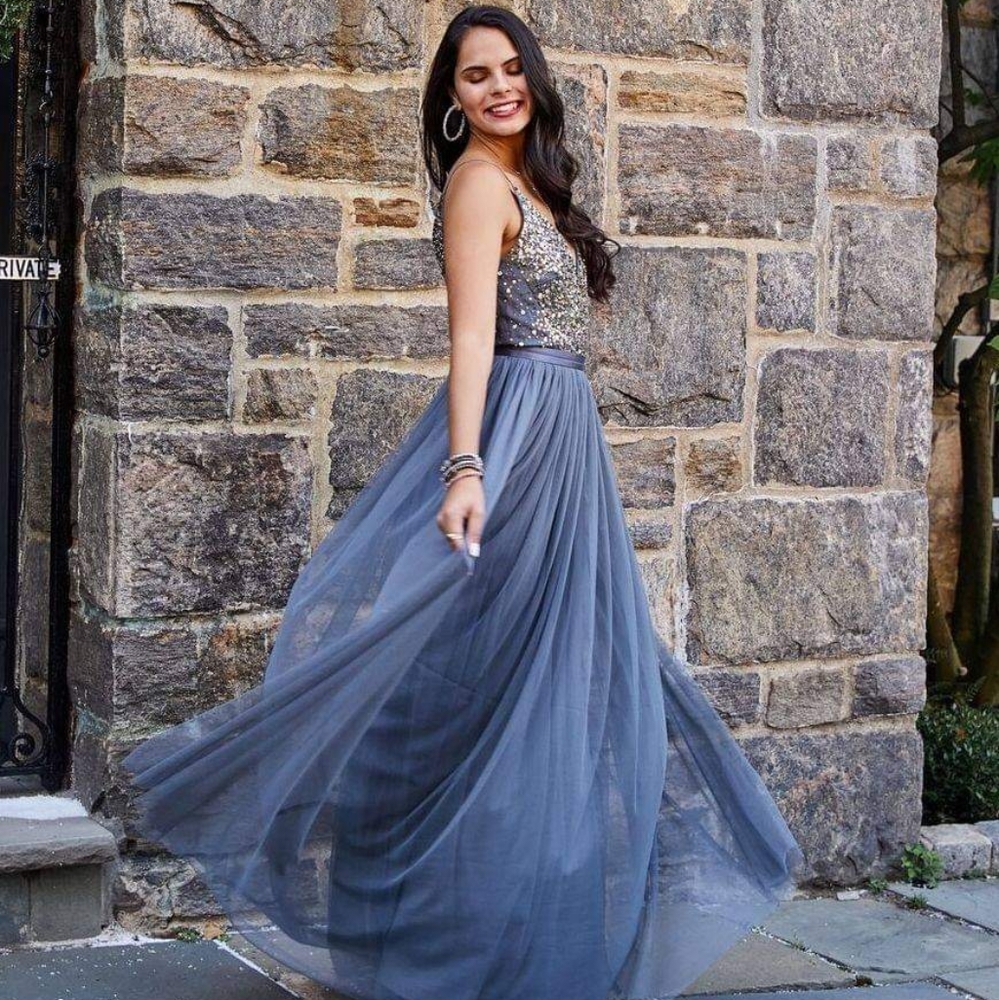 NWT Grey Blue Sequin and Tulle Event Dress